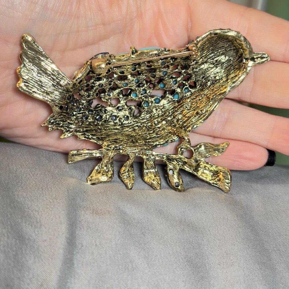 Bird Brooch Blue Rhinestone Statement Pin Openwork 4 Inch - Picture 6 of 7